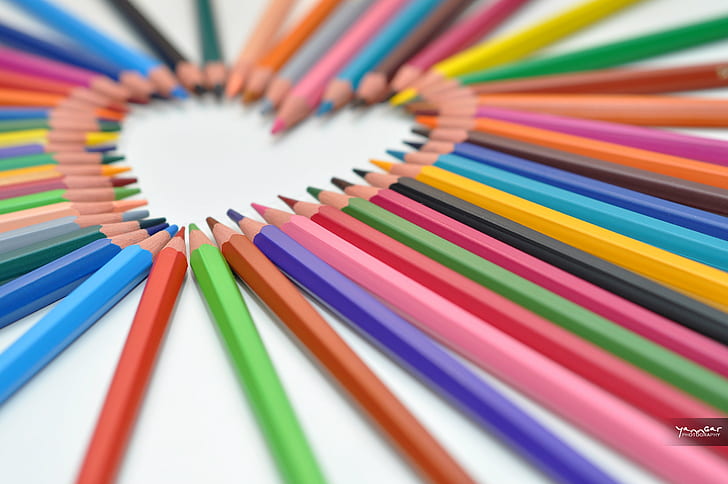 heart formed color pencils close-up photography, I Love, Colors, HD wallpaper