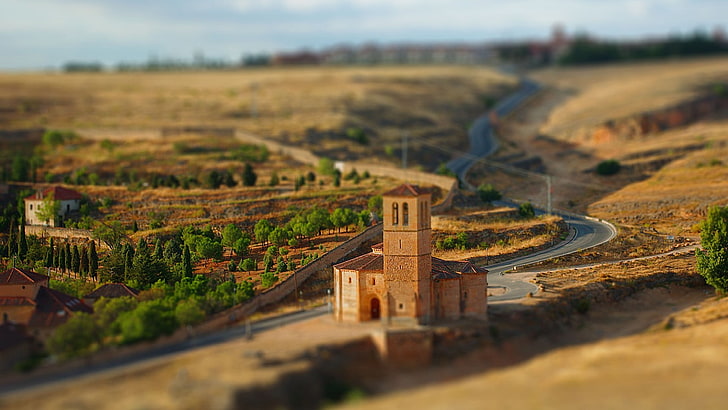 church on field model scale, tilt shift, Segovia, Spain, landscape