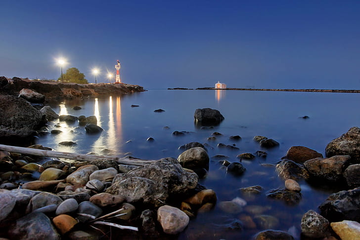 sea shorte, night, Georgioupoli, church, rocks, reflections, εκκλησία, HD wallpaper