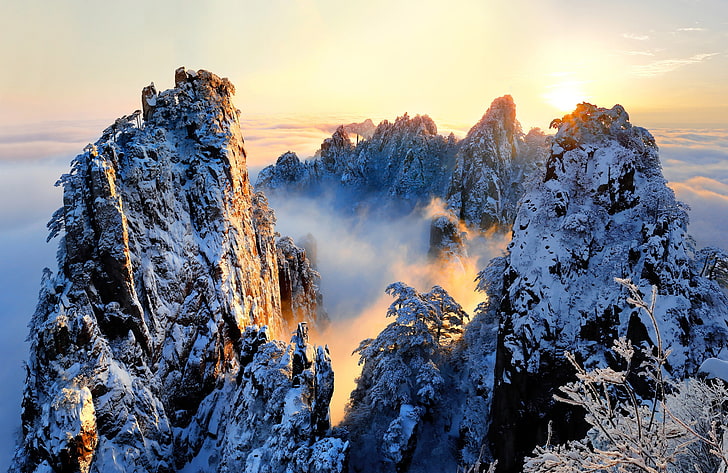winter, the sun, clouds, light, snow, trees, mountains, China