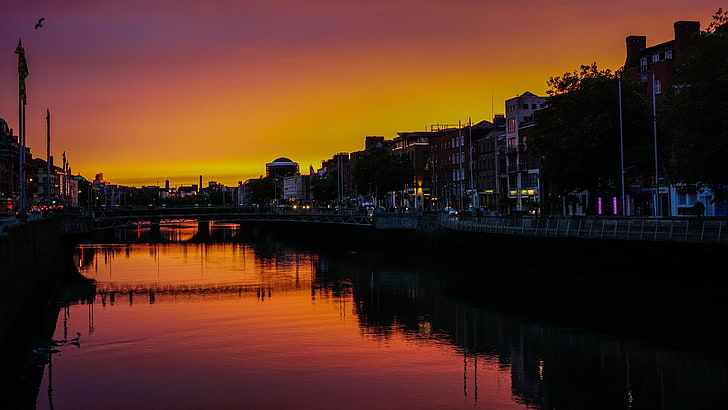 sunset, river, liffey, cityscape, dublin, water, reflections, HD wallpaper