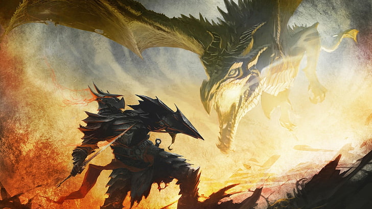 knight holding sword facing dragon wallpaper, The Elder Scrolls V: Skyrim