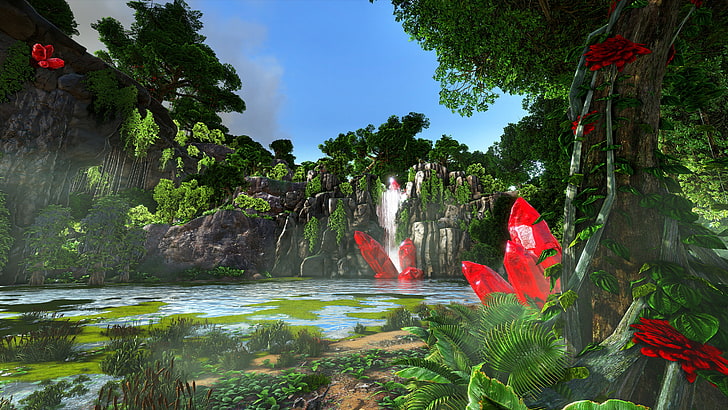 Ark: Survival Evolved, waterfall, crystal, plant, tree, nature, HD wallpaper