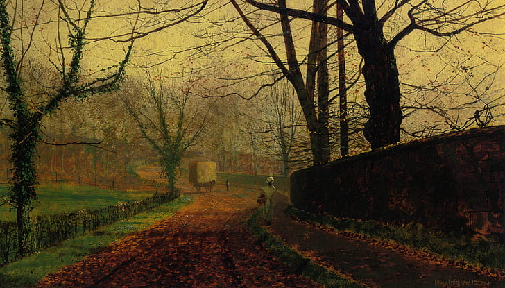 fall, painting, road, classical art, John Atkinson Grimshaw