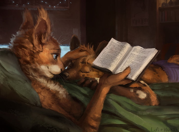 brown and black short coated dog, Anthro, furry, reading, in bed