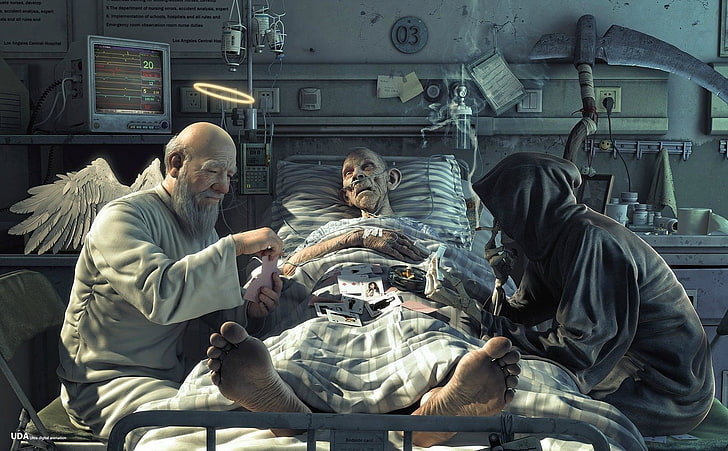 sick man on bed with angel and grim reaper wallpaper, God, death