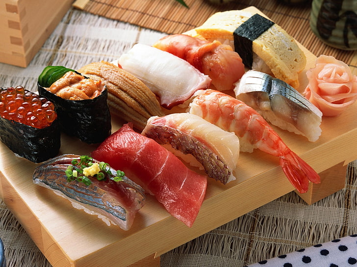 assorted-flavor sushis, rolls, japanese cuisine, food, seafood
