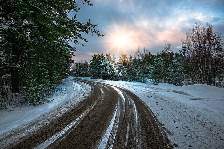 winter, snow, dirt, sunlight, road, nature, HD wallpaper