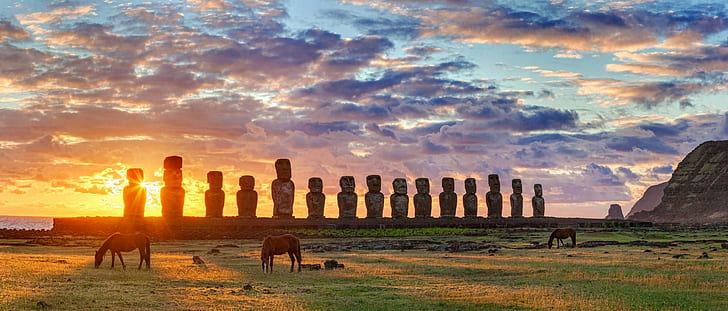 easter island chile moai statue horse grass clouds yellow green sea rapa nui, HD wallpaper