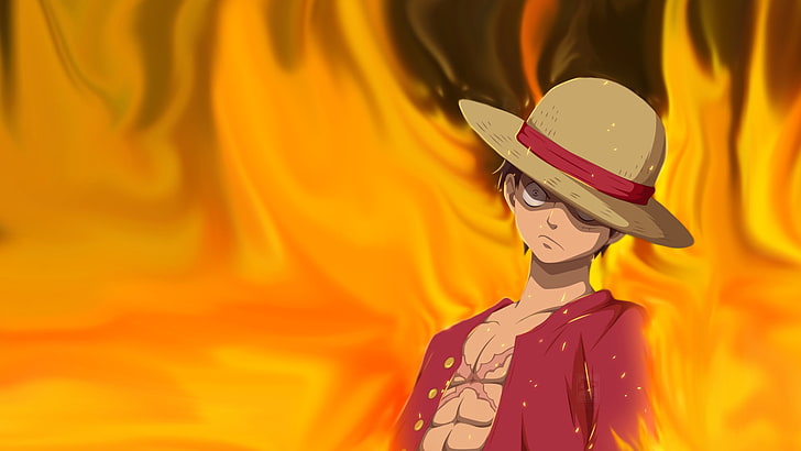 Monkey D. Luffy, One Piece, hat, orange color, clothing, one person, HD wallpaper