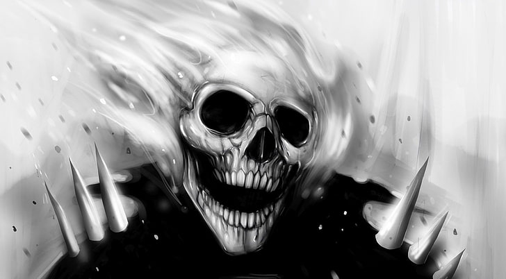 skull, fantasy art, artwork, Ghost Rider, monochrome