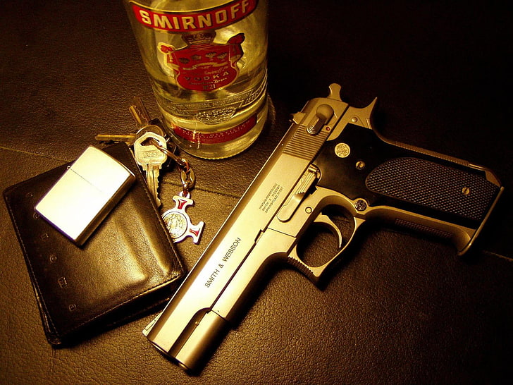 silver-colored pistol and black leather bifold wallet, gun, weapons, HD wallpaper