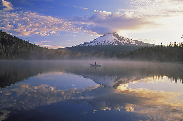 lake, nature, landscape, mountains, mist, boat, reflection, HD wallpaper