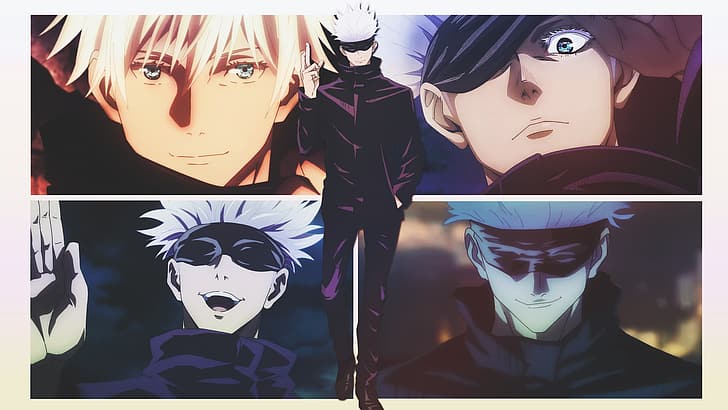anime boys, Jujutsu Kaisen, Satoru Gojo, blue eyes, collage, HD wallpaper