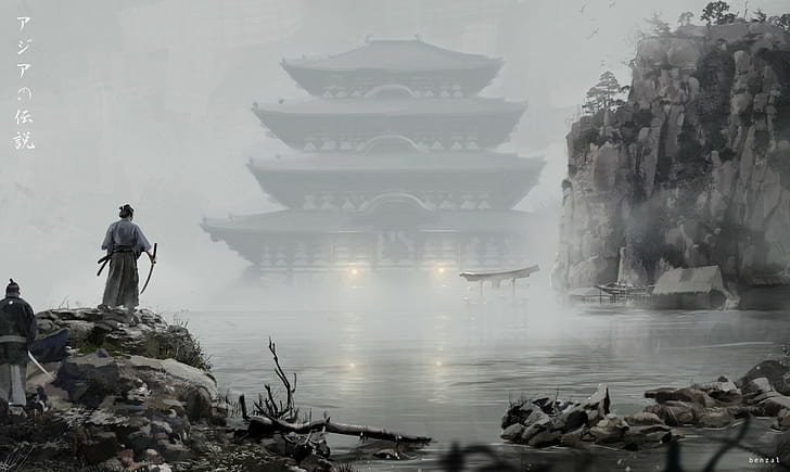 video game digital wallpaper, samurai, warrior, water, architecture