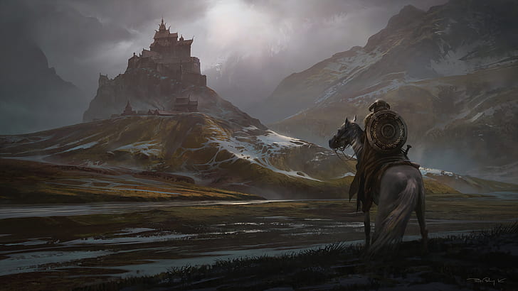 mountains, castle, The Elder Scrolls V: Skyrim, horse, shield, HD wallpaper