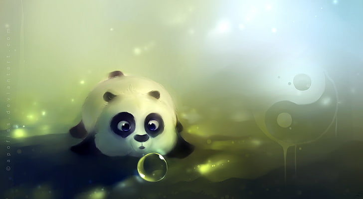 Panda Loves Bubbles, panda blowing bubble digital wallpaper, Artistic