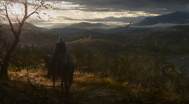 Assassin's Creed 3 Concept Art HD Wallpaper, person sitting on black horse illustration