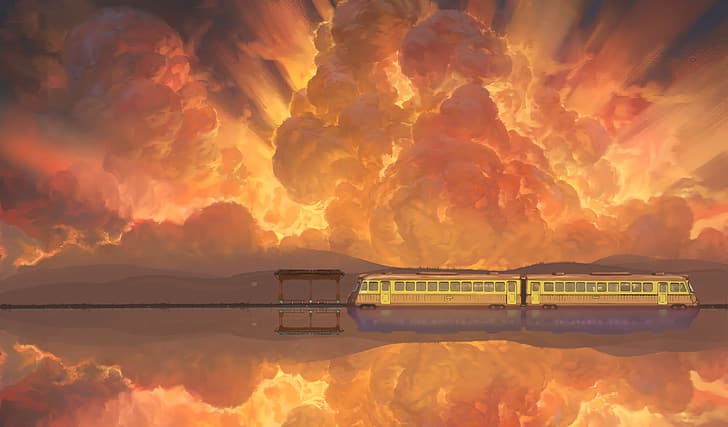 Spirited Away, train, sky painting, landscape, anime, Photoshop