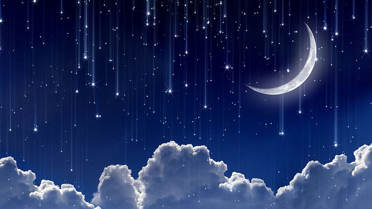 sky, blue background, lines, falling, Moon, glowing, stars, HD wallpaper