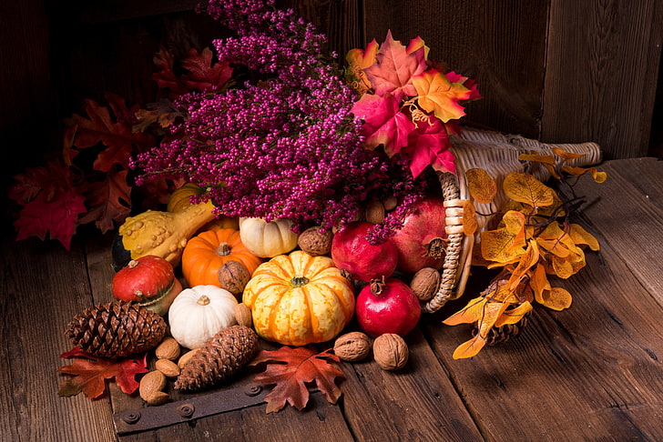 leaves, flowers, pumpkin, nuts, still life, garnet, the gifts of autumn, HD wallpaper
