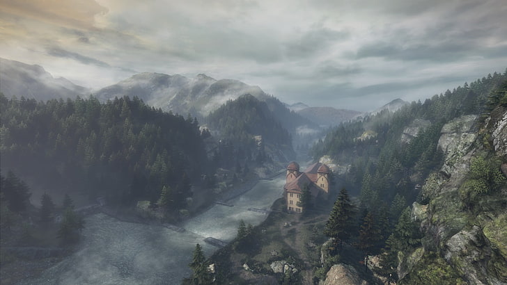 brown house on top of mountain, trees, The Astronauts, The Vanishing of Ethan Carter
