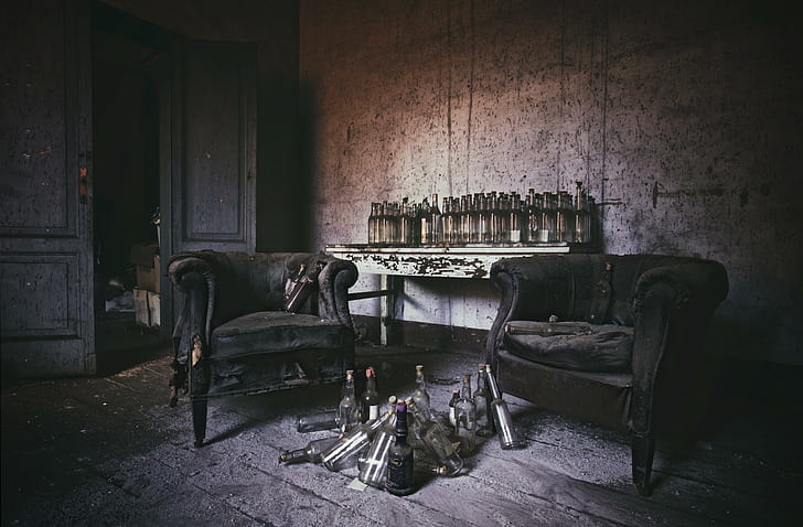 dark, ruin, chair, old, bottles