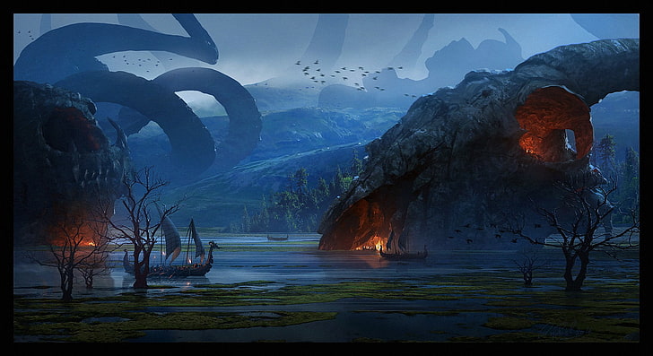 sailing ship near burning boat movie, fantasy art, illustration