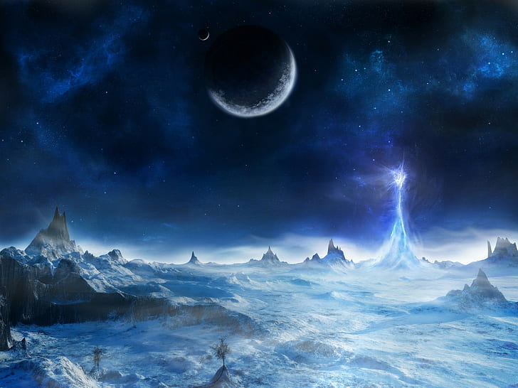 fantasy art, space, Moon, planet, sky, stars