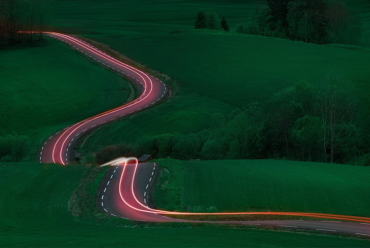 gray road, landscape, light trails, long exposure, green color, HD wallpaper