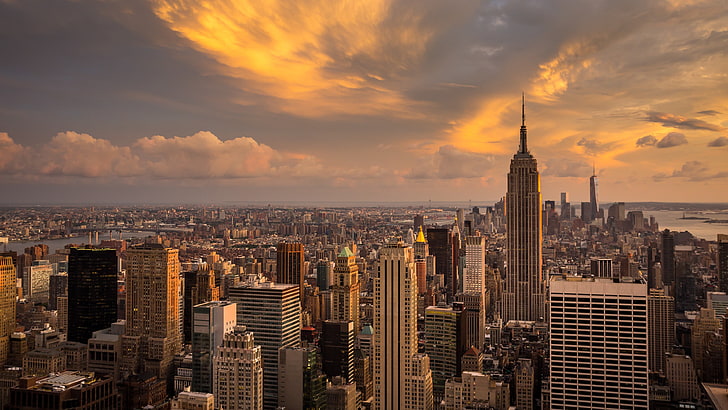 Empire State building, landscape, clouds, city, Manhattan, sunset, HD wallpaper