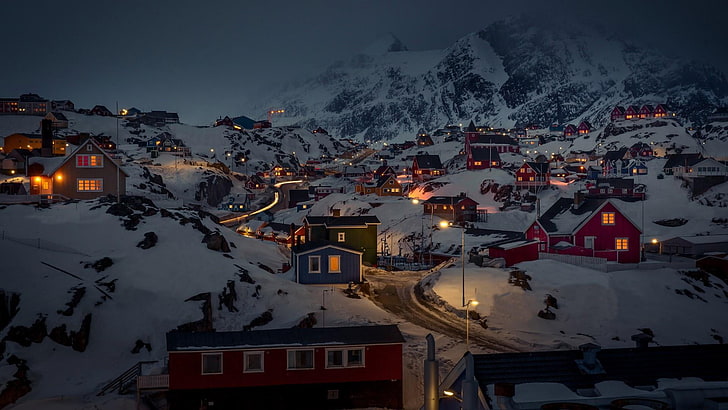 night, greenland, sisimiut, city, freezing, snow, house, red houses