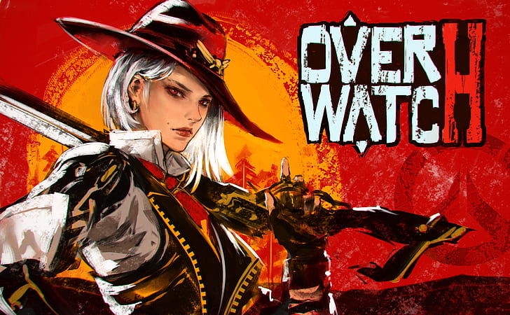 Ashe (Overwatch), women, white hair, red eyes, looking at viewer