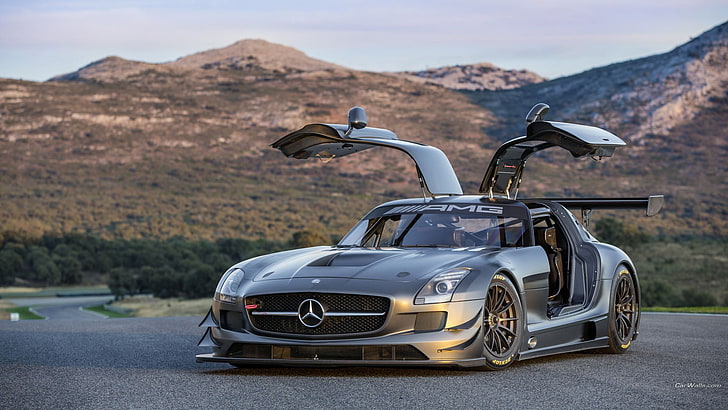 grey Mercedes-Benz luxury car, Mercedes SLS, German cars, race cars, HD wallpaper