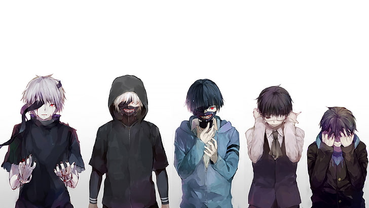 five anime characters illustration, Tokyo Ghoul, Kaneki Ken, white background