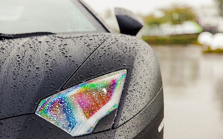 black car, Lamborghini, rainbows, water drops, wet, multi colored