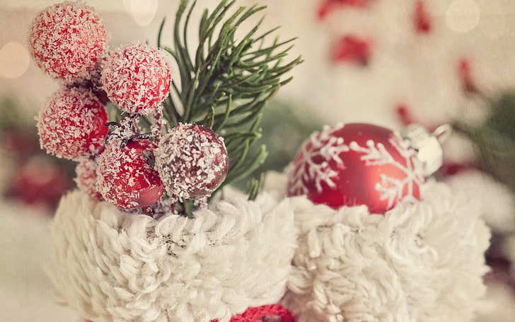 New Year, snow, Christmas ornaments, berries, celebration, holiday, HD wallpaper