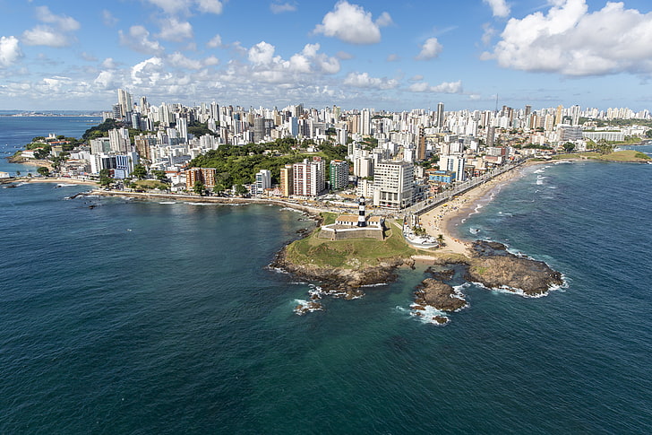 city buildings, sea, beach, Brazil, Salvador, Bahia, Baja, Barra Lighthouse, HD wallpaper