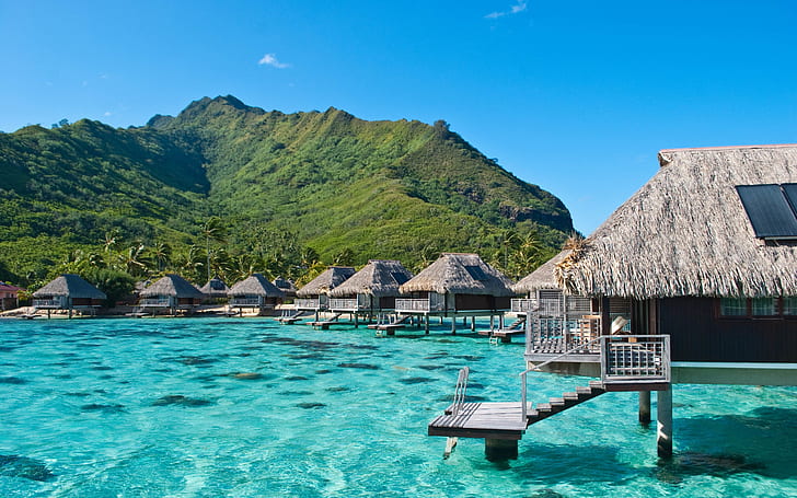 Ocean, sea, mountain, wooden houses, Moorea, French Polynesia