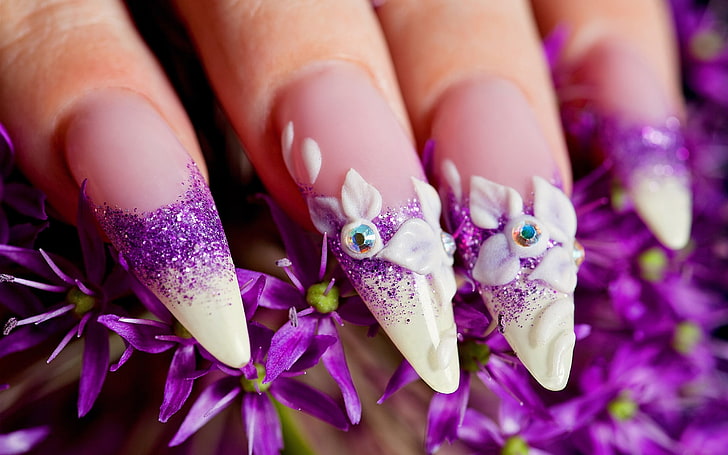Purple, flower, hand, nails, pink, human hand, human body part