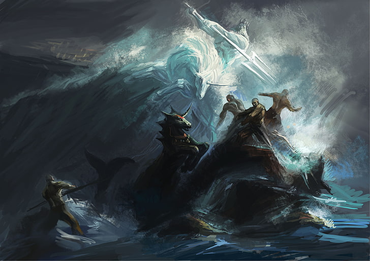 man holding trident riding unicorn painting, sea, wave, storm