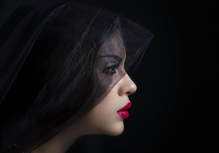 portrait, black background, model, face, profile, dark, red lipstick, HD wallpaper