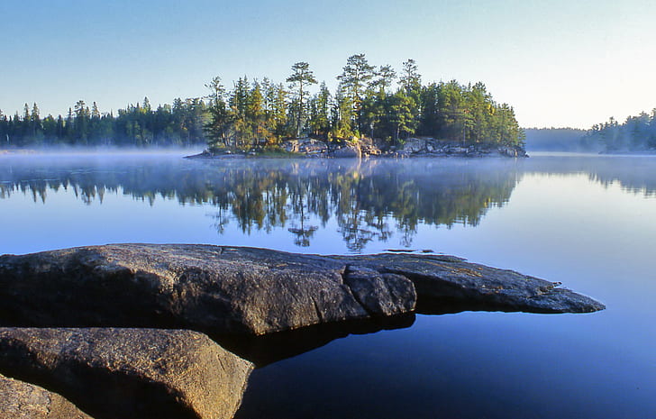 landscape photography of body of water and forest, mist, forest  lake