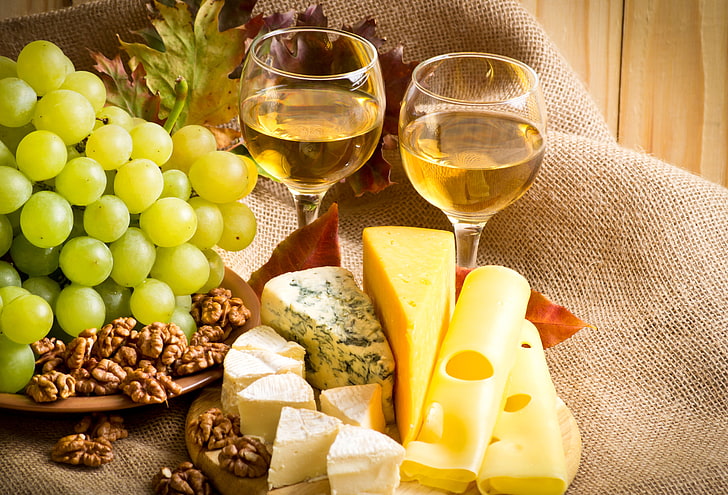 two clear wine glasses, sheet, cheese, grapes, nuts, food and drink, HD wallpaper