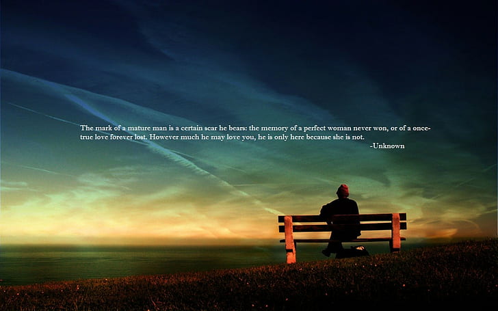 brown and black wooden bench with text overlay, quote, sky, seat, HD wallpaper