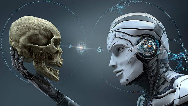 robot and skull illustration, digital art, machine, representation