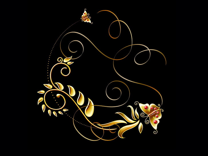 gold graphic design frame, patterns, butterfly, black background, HD wallpaper