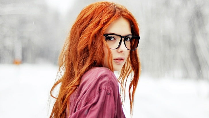 women's eyeglasses with black frames, redhead, snow, Ebba Zingmark