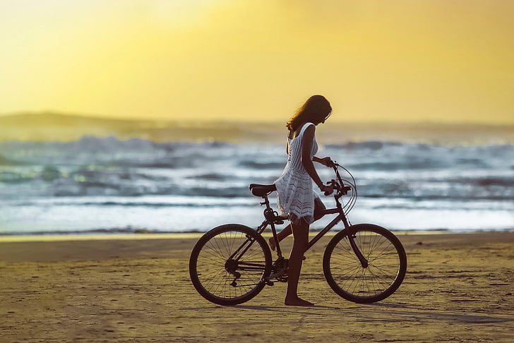 women, model, beach, sea, bicycle, women with bicycles, land, HD wallpaper