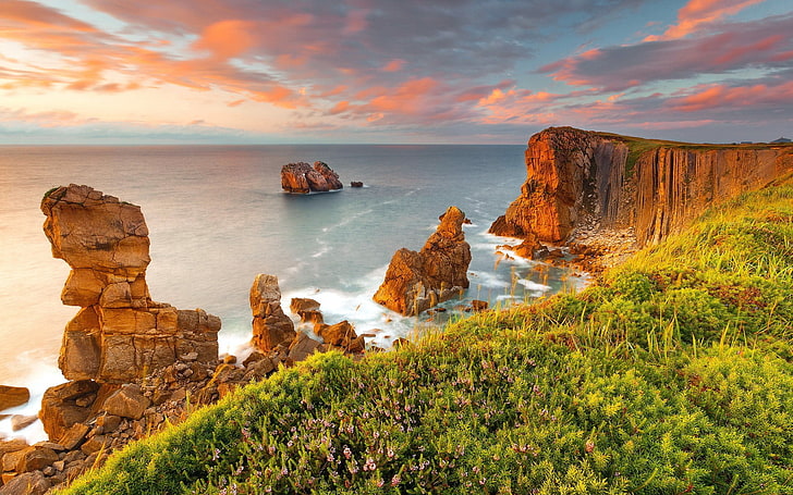 brown rock formations, nature, landscape, sea, grass, cliff, horizon, HD wallpaper